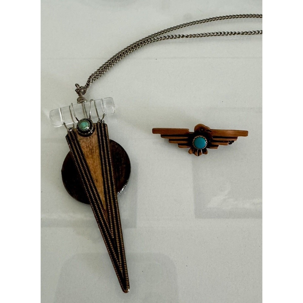 Vintage Copper Turquoise Necklace Pendant‎ Pin Eagle Bird MCM Art Deco